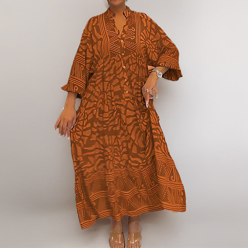 CD | rochie midi pentru femei - croială lejeră - croială cu nasturi - mâneci răsucite - imprimeu abstract - material respirabil
