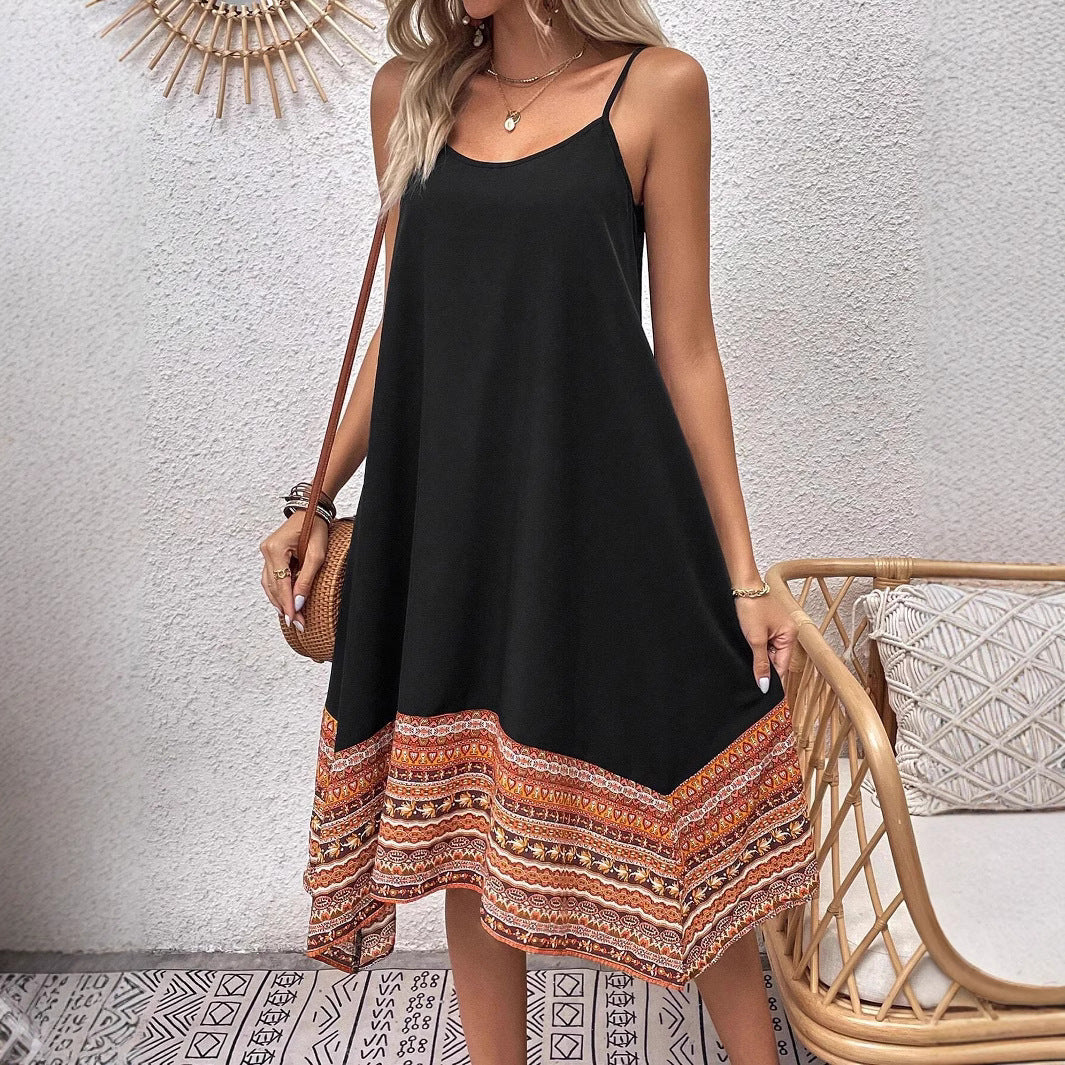 CD | Rochie midi pentru femei - Flowing A-line - Bumbac - Spaghetti curele - Boho hem