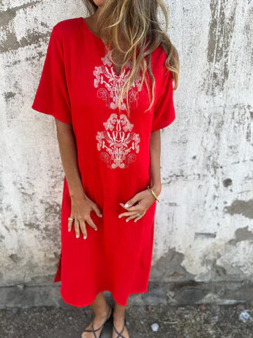 CD | Rochie midi pentru femei - Croială relaxată - Broderie pe față - Fibre naturale - Mâneci scurte