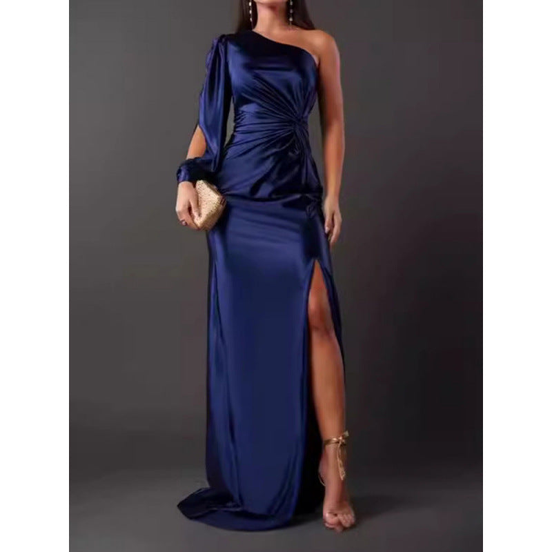 CD | Rochie maxi pentru femei - Satin Finish - Un umăr - Fantă înaltă - Talie încrețită - Slim Fit