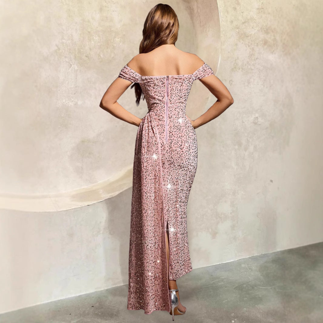 CD | Rochie de seară pentru femei - off-the-shoulder - siluetă ajustată - rochie lungă cu paiete