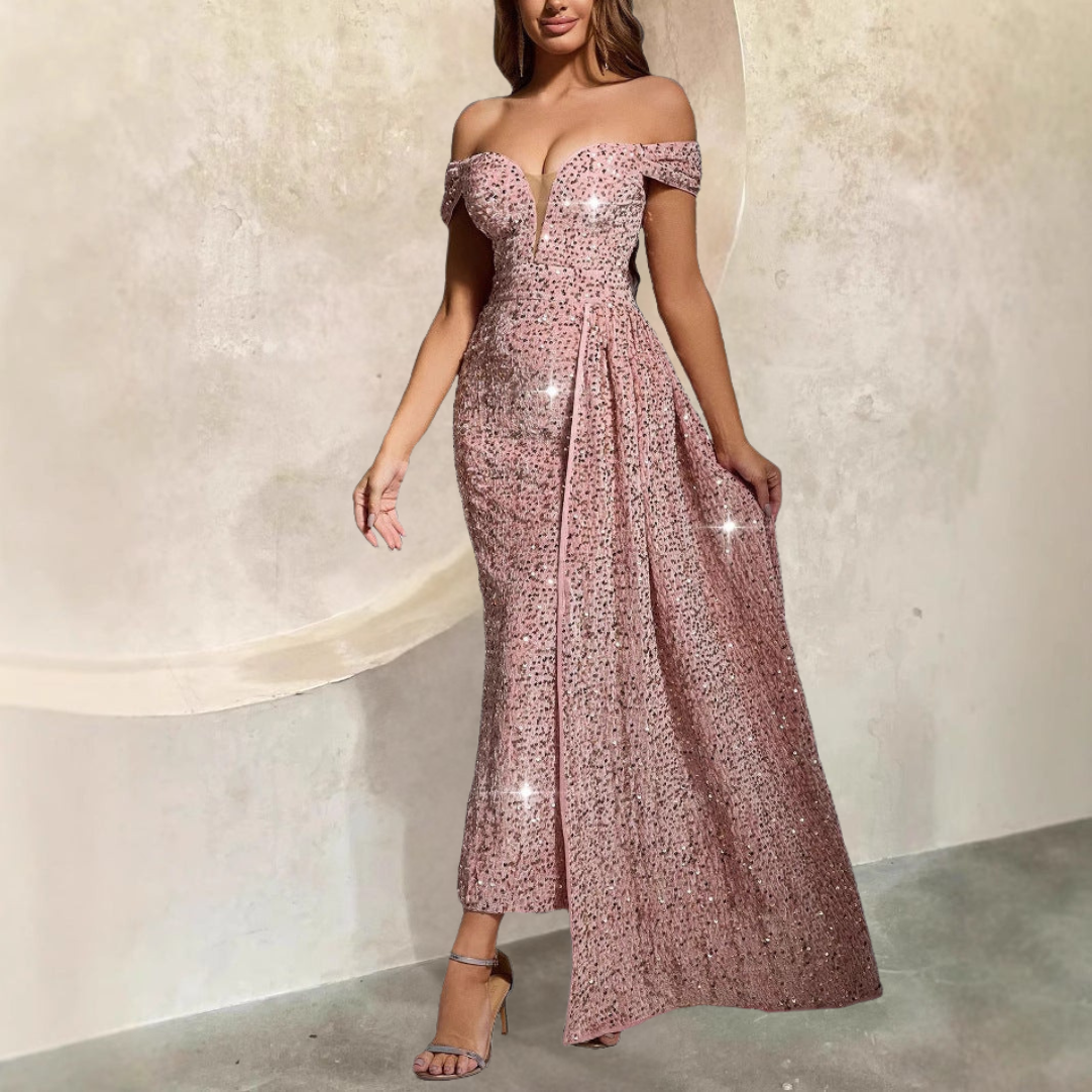 CD | Rochie de seară pentru femei - off-the-shoulder - siluetă ajustată - rochie lungă cu paiete