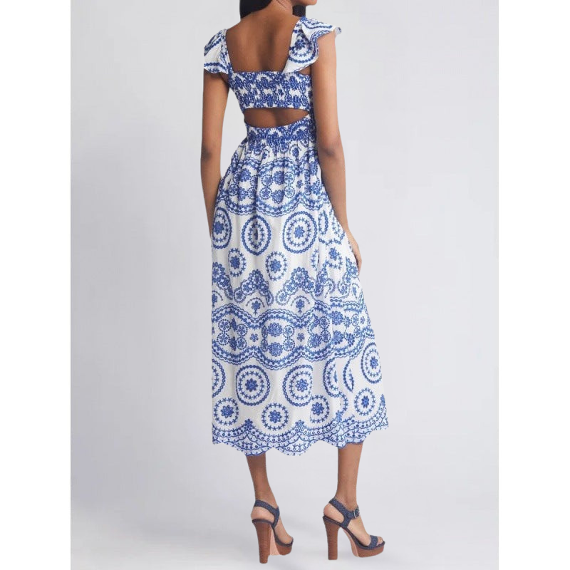 CD | Rochie midi pentru femei - Bumbac ușor - Ținută relaxată - Mâneci cu volane - Decolteu pătrat