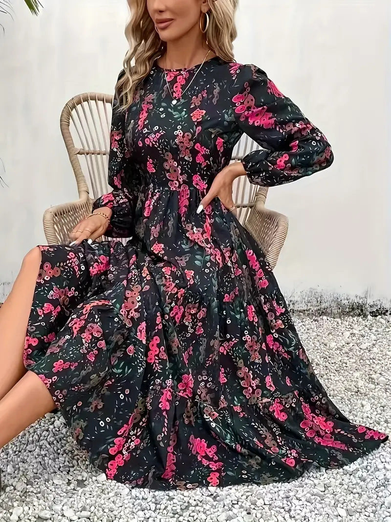 CD | Rochie midi pentru femei - Model floral - Ținută relaxată - Fustă cu cravată - Amestec respirabil