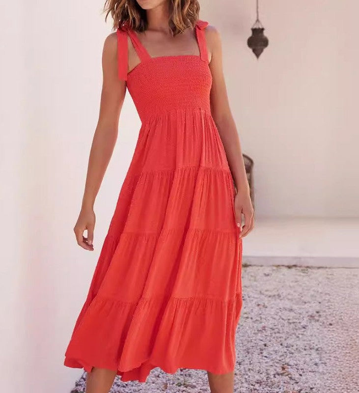 CD | Rochie midi pentru femei - corset smocked - bretele reglabile - fustă A-line cu cravată