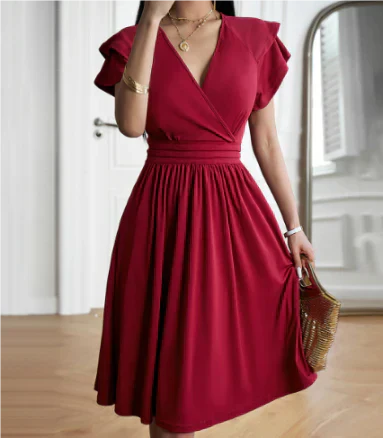 CD | Rochie midi pentru femei - Corset înfășurat - Mâneci fluture - Linie A fluidă - Amestec respirabil