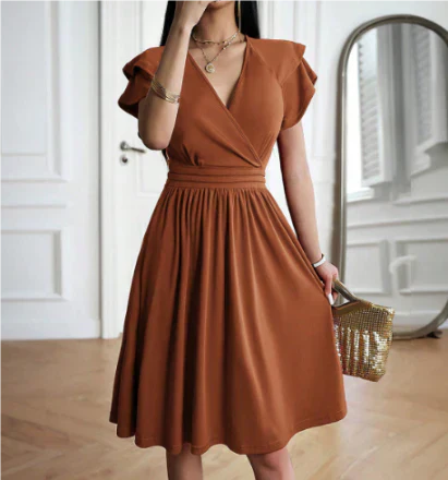 CD | Rochie midi pentru femei - Corset înfășurat - Mâneci fluture - Linie A fluidă - Amestec respirabil
