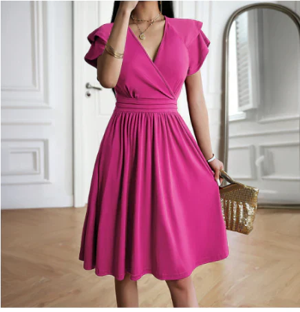 CD | Rochie midi pentru femei - Corset înfășurat - Mâneci fluture - Linie A fluidă - Amestec respirabil