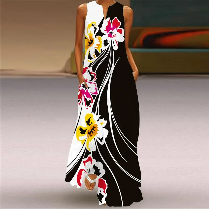 CD | Fresh florale imprimare de vară gât deschis rochie lungă V-Neck fără mâneci rochie de plajă cu buzunare