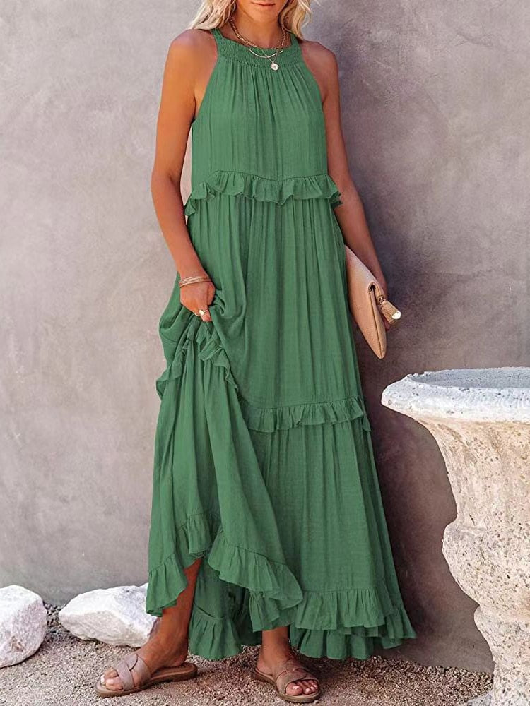CD | Rochie maxi pentru femei - Ținută relaxată - Gât tip halter - Detaliu cu volane - Fibre naturale