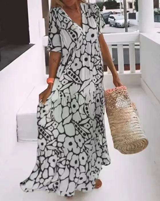 CD | 2024 AliExpress Femeile europene și americane încrucișate de frontieră de vară New Fashion imprimate cu mânecă scurtă Deep V-Neck rochie lungă
