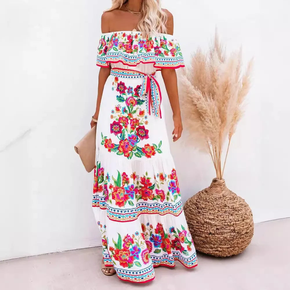 CD | Primăvară vară Rochie maxi fără umăr cu imprimeu floral roșu Fără mâneci Ținută lejeră tiv lat pentru petreceri și purtare casual