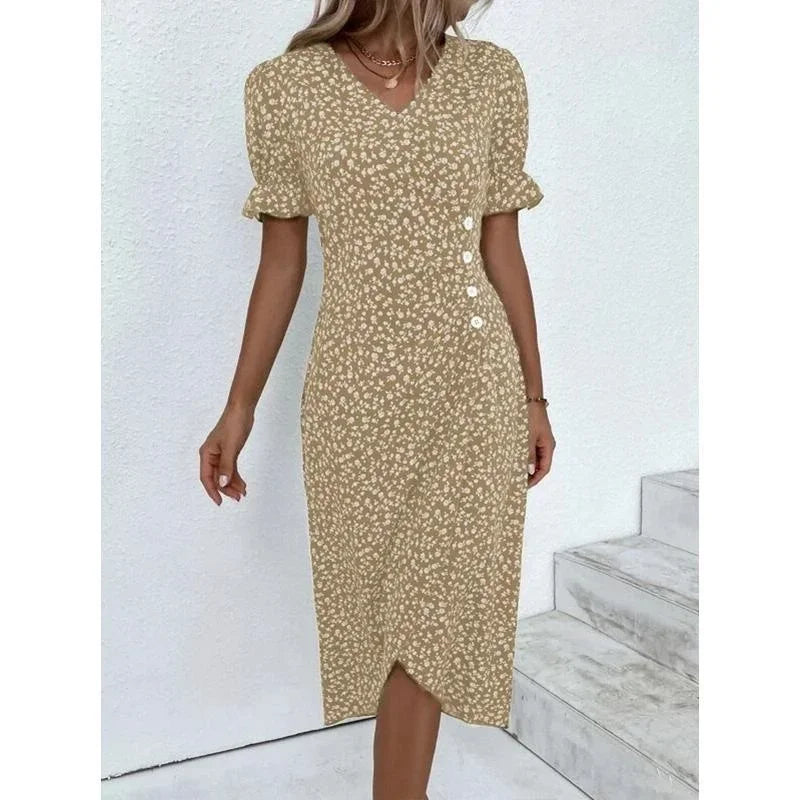 CD | Rochie midi elegantă plisată floral cu mâneci bufante și decolteu în V