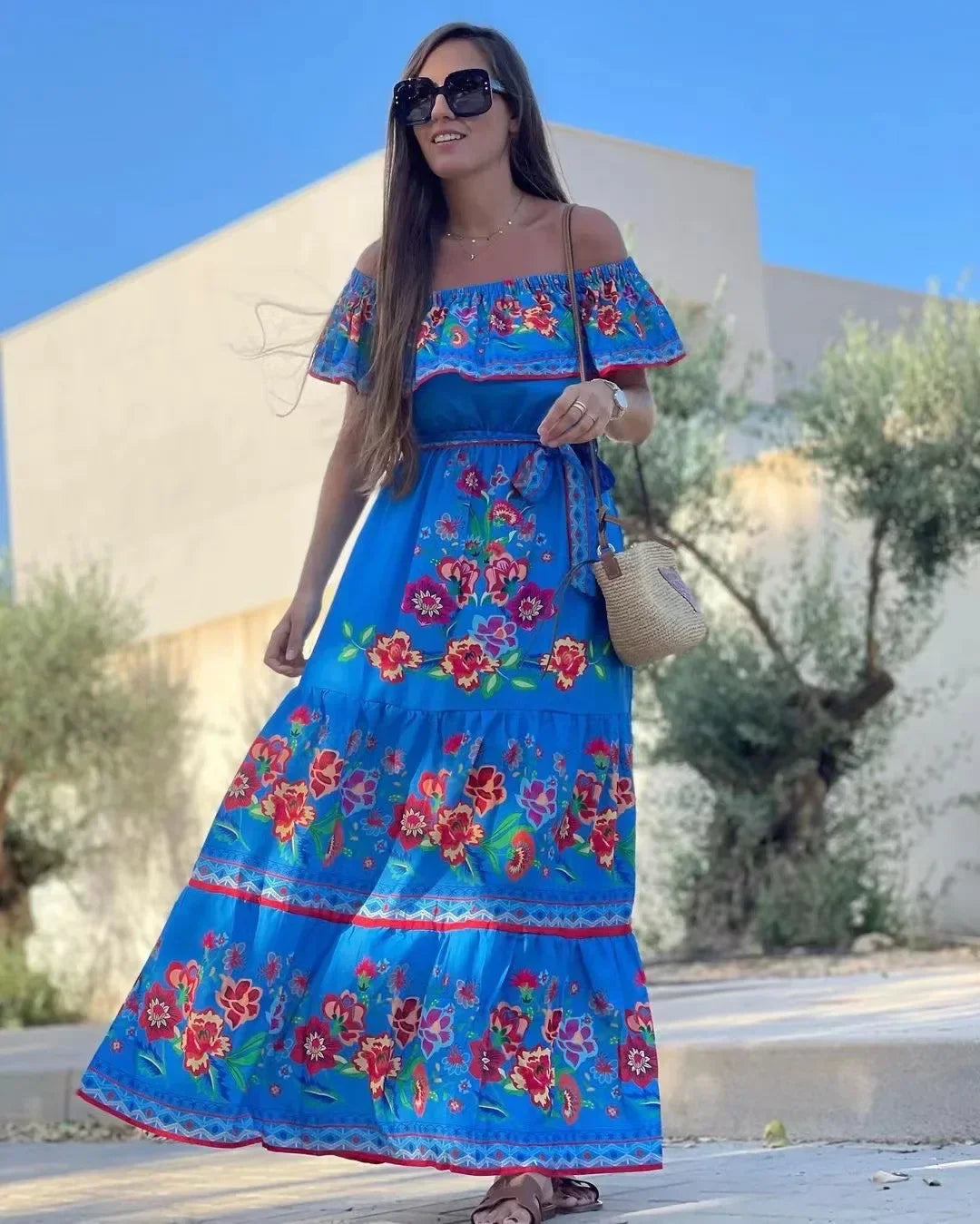 CD | Primăvară vară Rochie maxi fără umăr cu imprimeu floral roșu Fără mâneci Ținută lejeră tiv lat pentru petreceri și purtare casual
