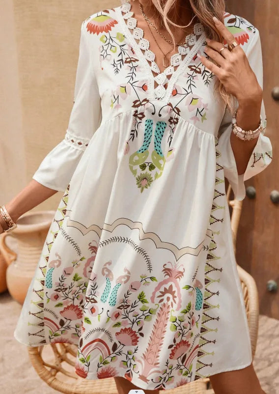 CD | 2025 Doamnelor rochie de vară de vacanță V-Neck maneca lunga florale imprimare plaja rochii de partid Sexy Mini haine pentru femei Vestidos
