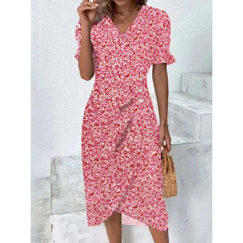 CD | Rochie midi elegantă plisată floral cu mâneci bufante și decolteu în V