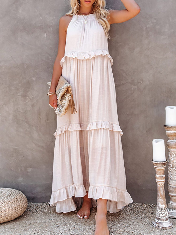 CD | Rochie maxi pentru femei - Ținută relaxată - Gât tip halter - Detaliu cu volane - Fibre naturale