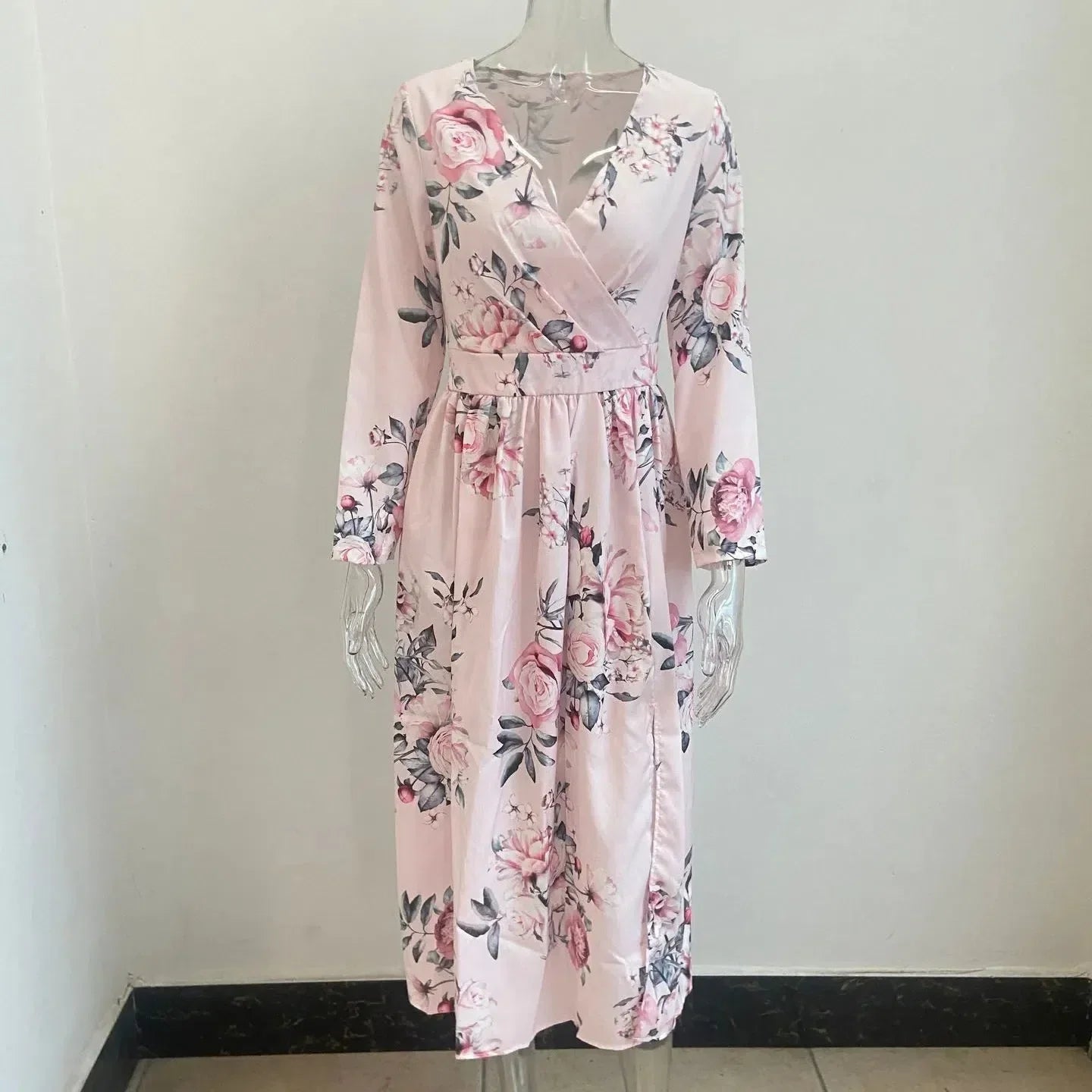 CD | Amazon eBay Cross Border Summer Chiffon imprimate rochie lungă V-Neck maneca lunga Split stil pentru femei