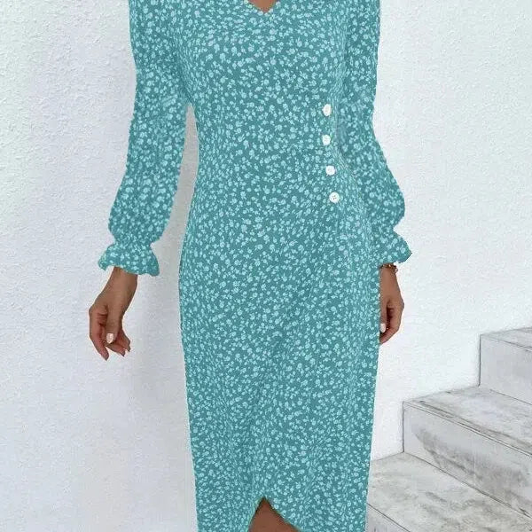 CD | Rochie midi elegantă plisată floral cu mâneci bufante și decolteu în V
