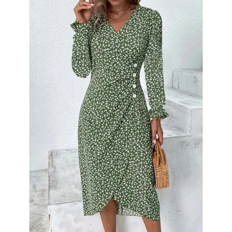CD | Rochie midi elegantă plisată floral cu mâneci bufante și decolteu în V