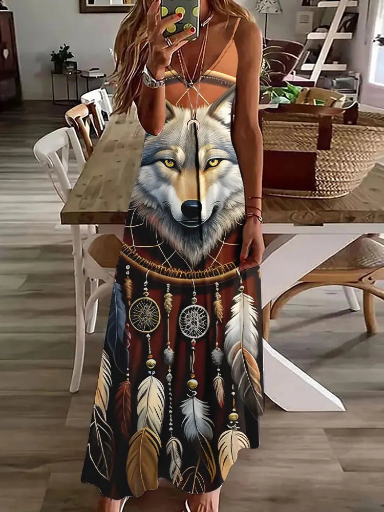 CD | 2024 New 3D Owl Vintage Print Sleeveless Vest Long Women Tribal Pattern Spaghetti Strap Dress Summer Long Loose Vest Dresses