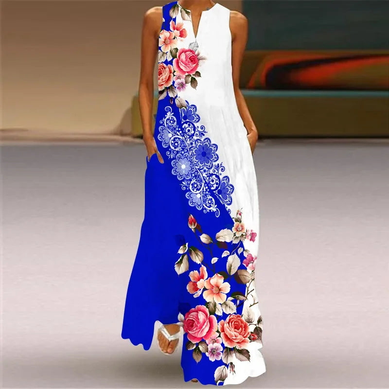CD | Fresh florale imprimare de vară gât deschis rochie lungă V-Neck fără mâneci rochie de plajă cu buzunare