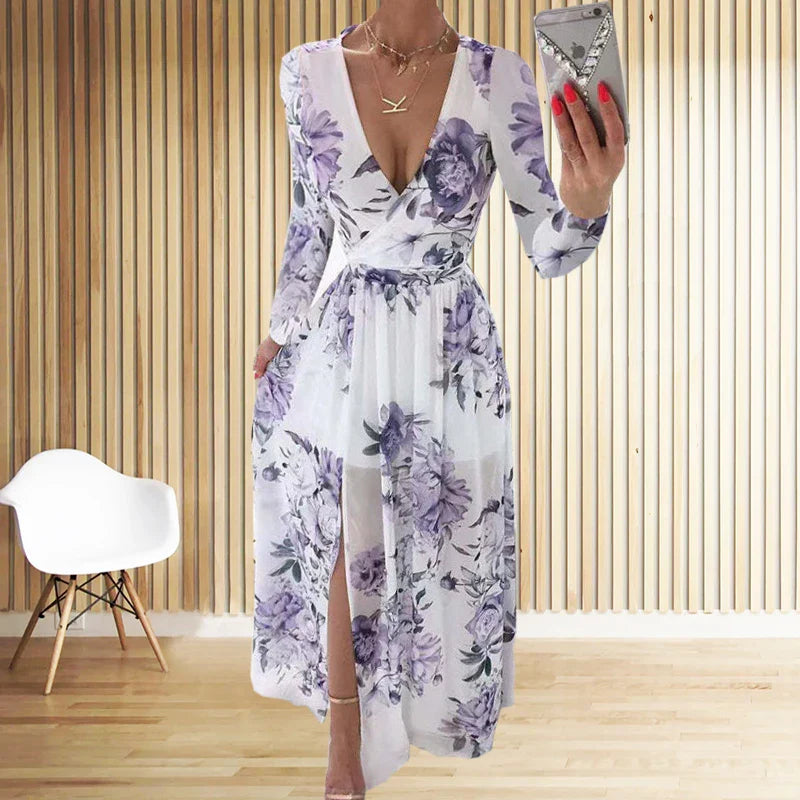 CD | Amazon eBay Cross Border Summer Chiffon imprimate rochie lungă V-Neck maneca lunga Split stil pentru femei