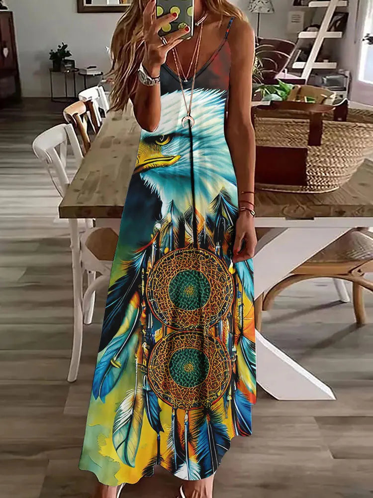 CD | 2024 New 3D Owl Vintage Print Sleeveless Vest Long Women Tribal Pattern Spaghetti Strap Dress Summer Long Loose Vest Dresses