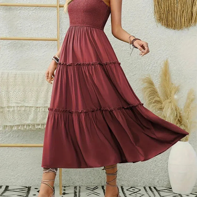 CD | Elegant backless plisat rochie lungă cu volane pentru femei