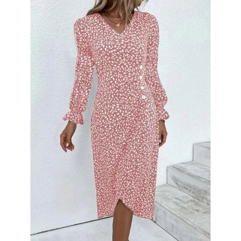 CD | Rochie midi elegantă plisată floral cu mâneci bufante și decolteu în V