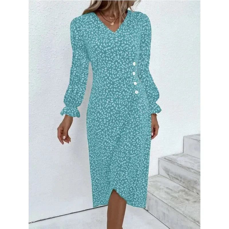 CD | Rochie midi elegantă plisată floral cu mâneci bufante și decolteu în V