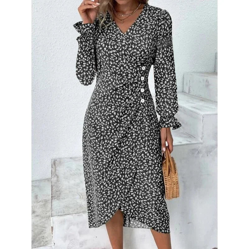 CD | Rochie midi elegantă plisată floral cu mâneci bufante și decolteu în V