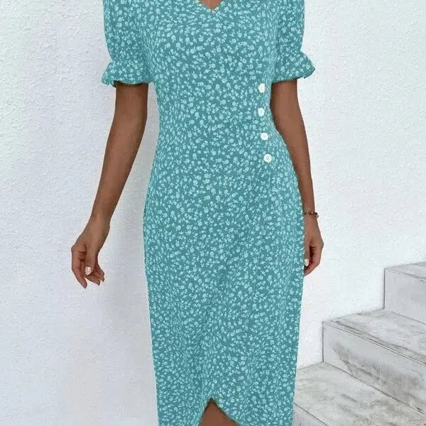 CD | Rochie midi elegantă plisată floral cu mâneci bufante și decolteu în V
