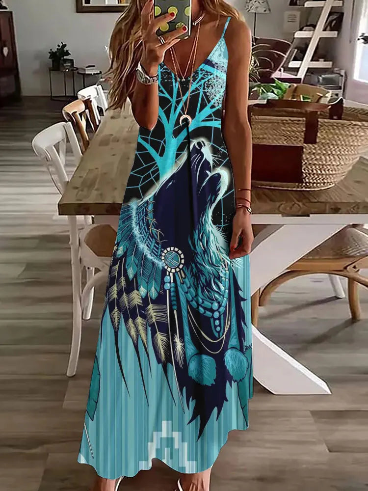 CD | 2024 New 3D Owl Vintage Print Sleeveless Vest Long Women Tribal Pattern Spaghetti Strap Dress Summer Long Loose Vest Dresses