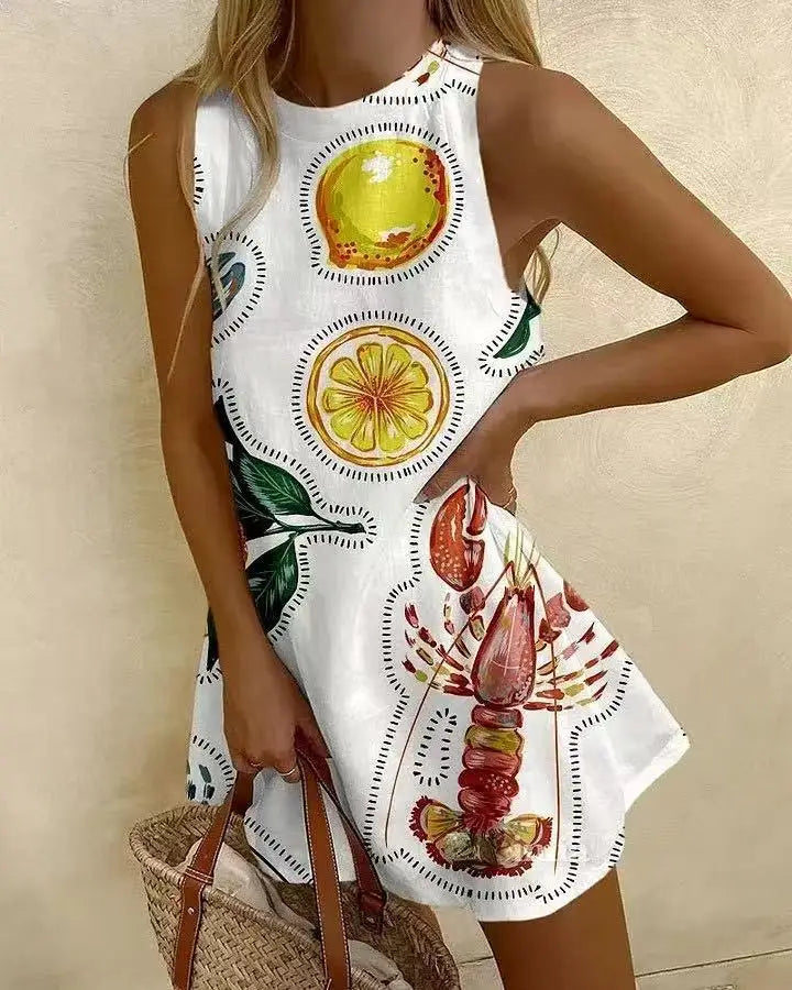 CD | Femei Puzzle imprimare rochie de vară fără mâneci peste genunchi Mini rochie Casual Tank Top rochie de plajă pentru femei