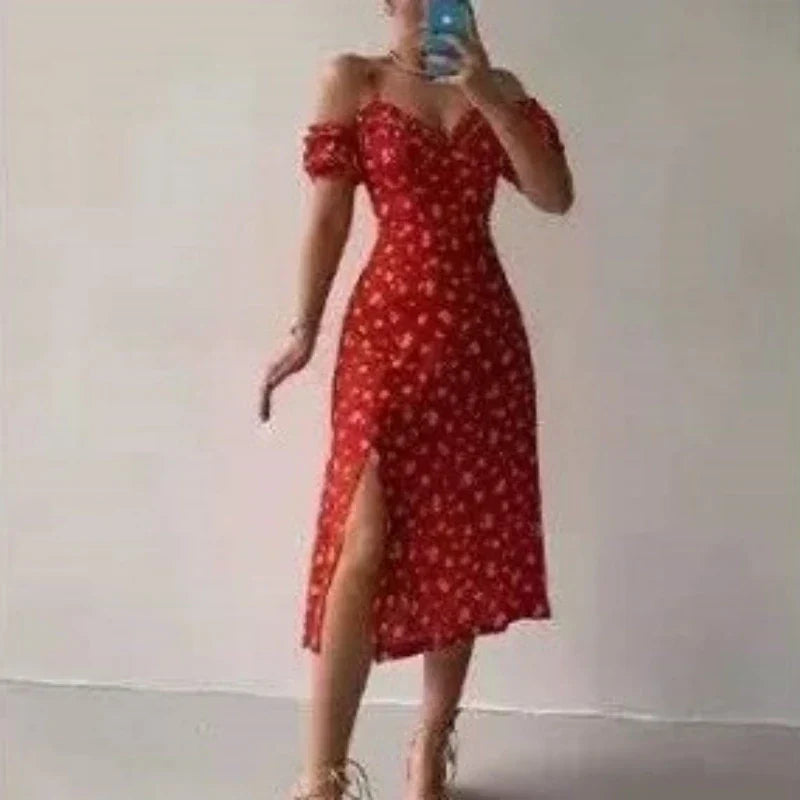 CD | Rochie lungă elegantă fără umeri cu decolteu în V și imprimeu floral