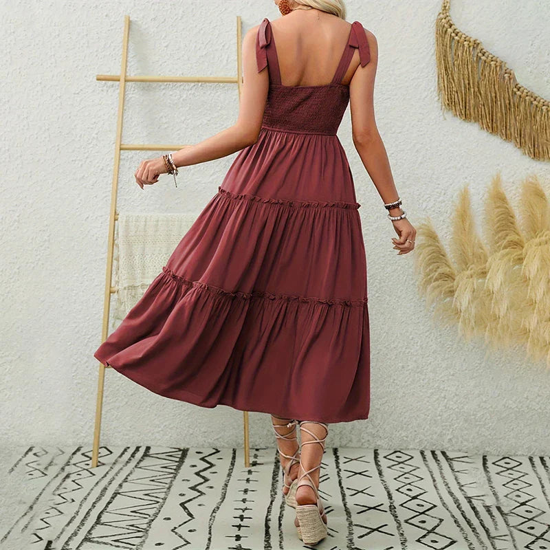 CD | Elegant backless plisat rochie lungă cu volane pentru femei
