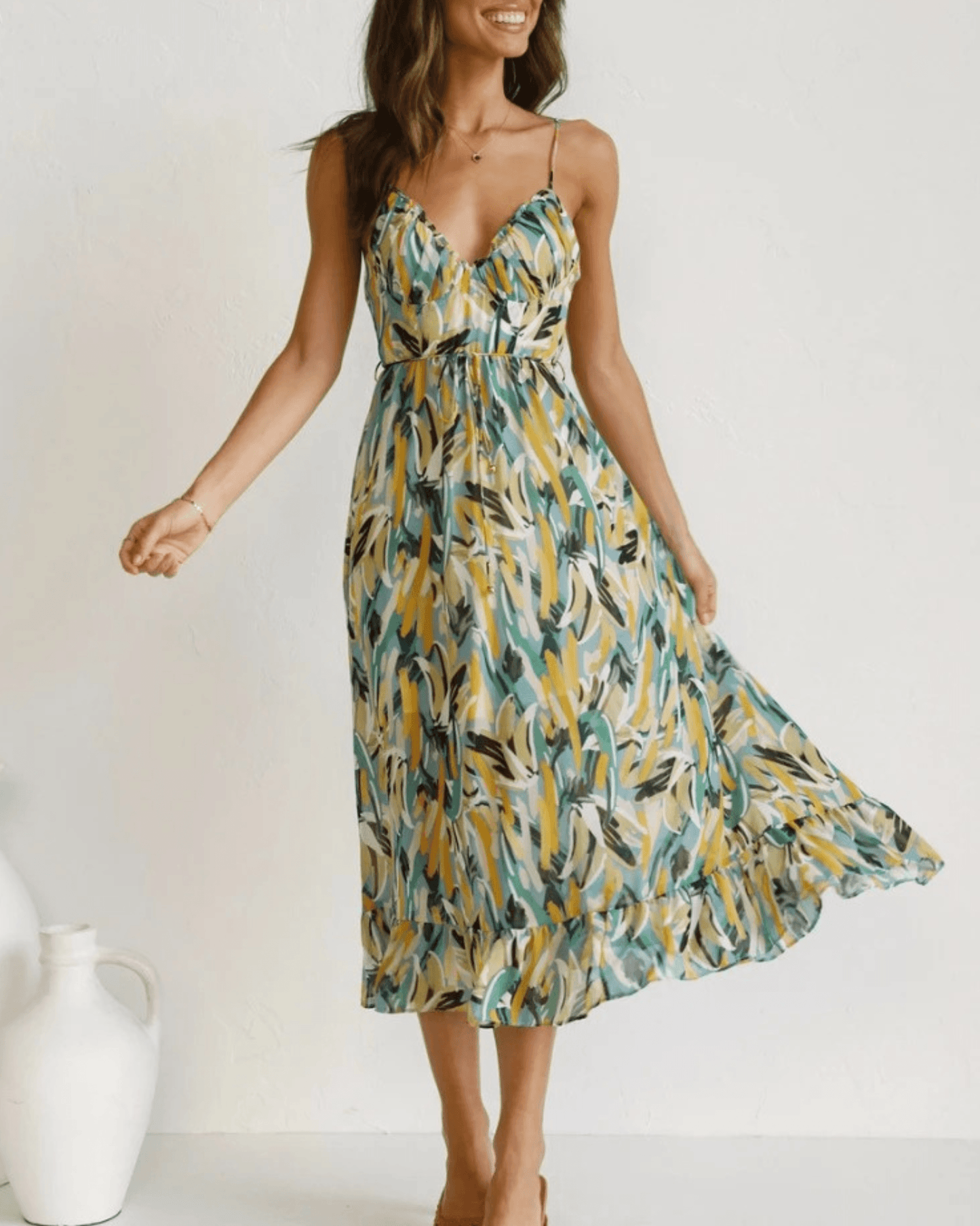 CD | Rochie midi colorată pentru femei - imprimeu floral, elegantă și ușoară