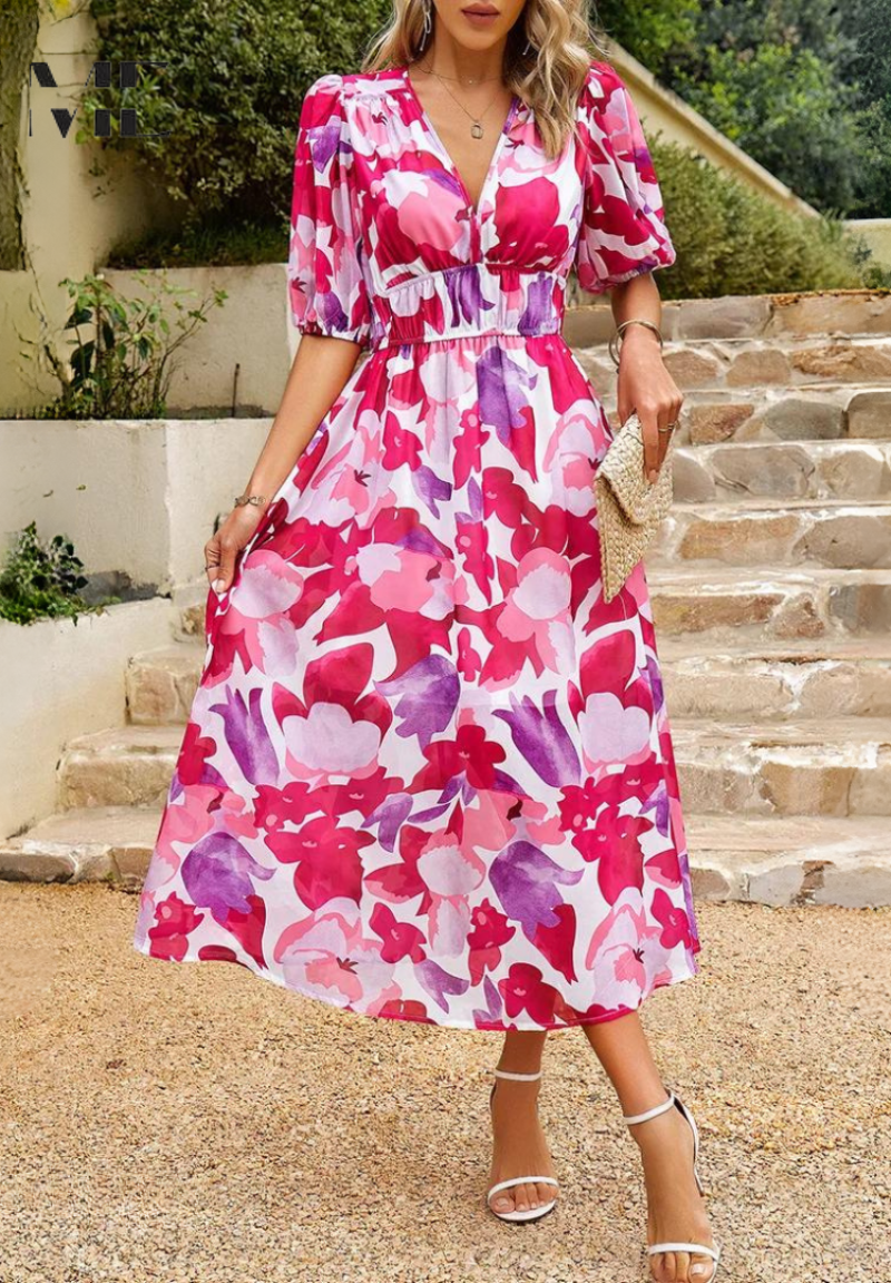 CD | Rochie midi florală elegantă cu mâneci bufante