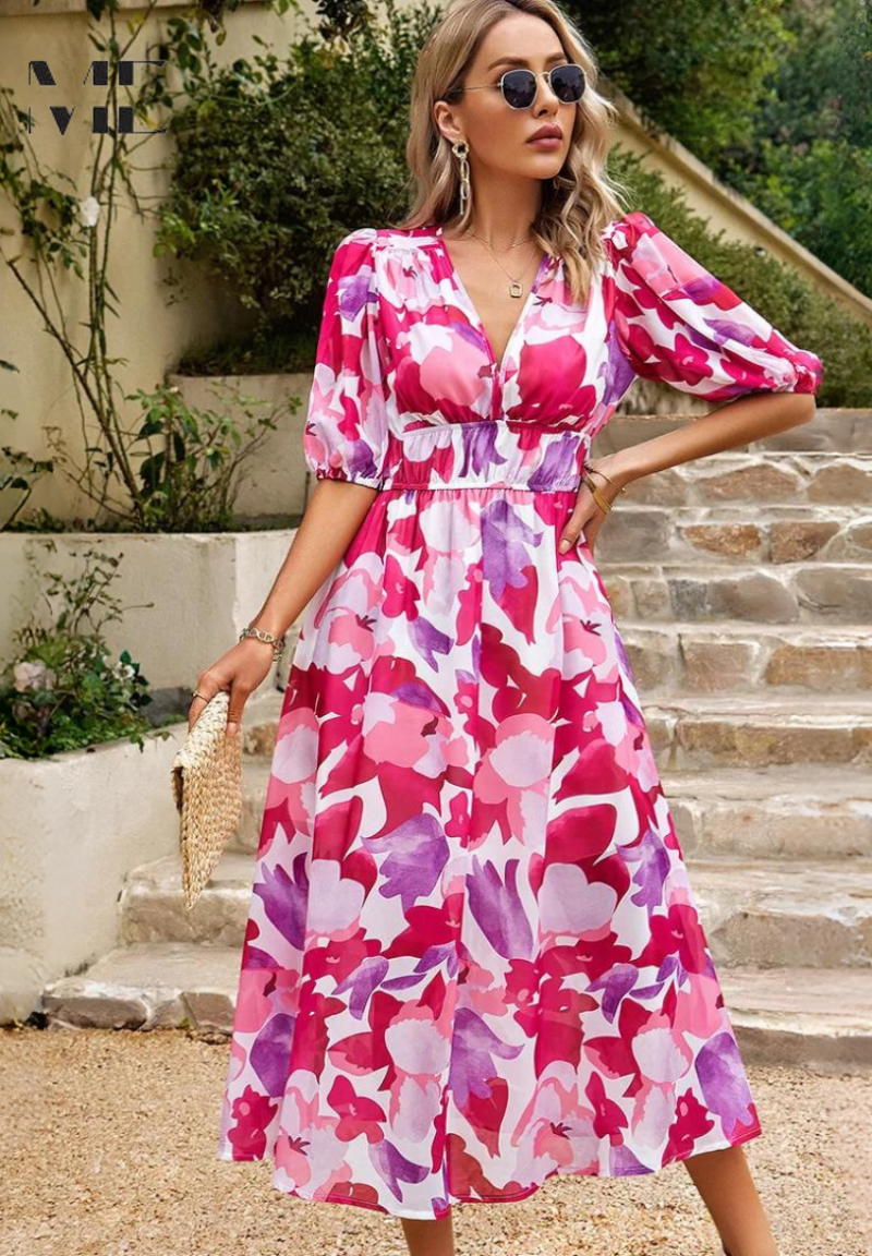 CD | Rochie midi florală elegantă cu mâneci bufante