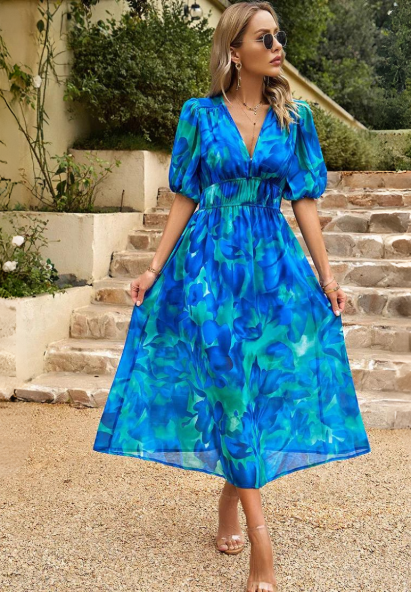CD | Rochie midi florală elegantă cu mâneci bufante