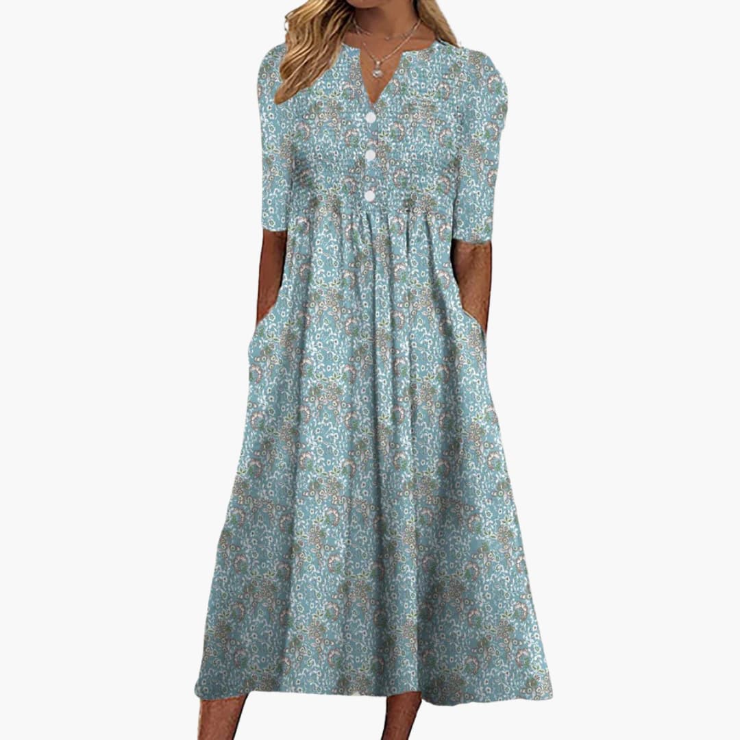 CD | Rochie midi florală pentru femei cu decolteu în V și buzunare laterale