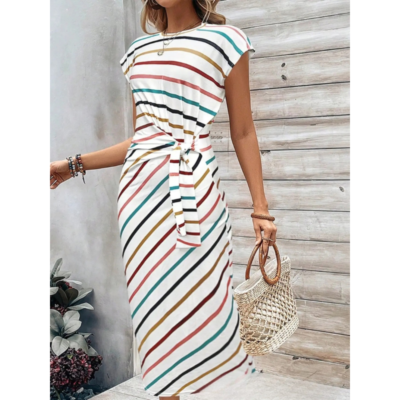 CD | Rochie midi pentru femei - Decolteu rotund în dungi - Talie de cravată bodycon fit - Stil casual de vară