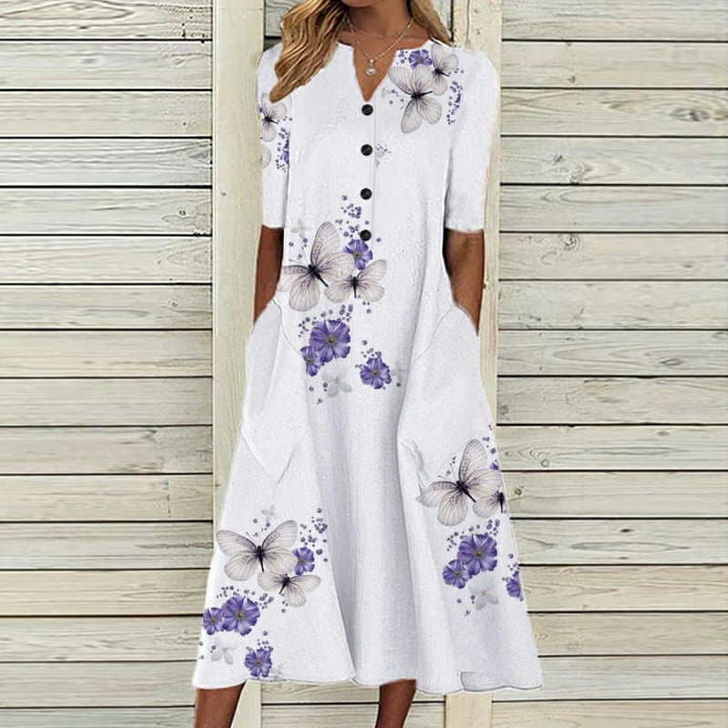 CD | Rochie midi pentru femei - decolteu în V - cu nasturi - mâneci scurte - croială lejeră - imprimeu fluture