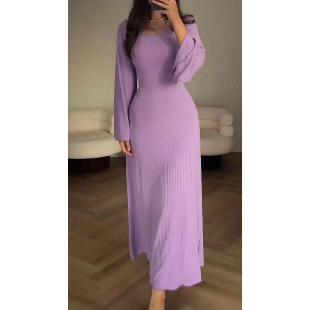 CD | Rochie maxi tricotată pentru femei - textură nervurată - mâneci lungi - decolteu rotund - tiv evazat