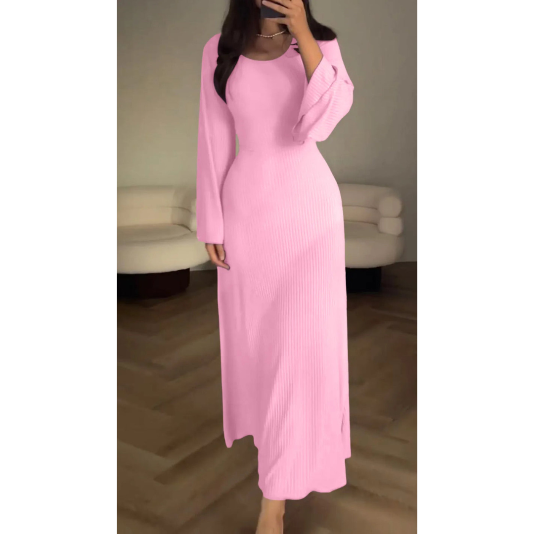 CD | Rochie maxi tricotată pentru femei - textură nervurată - mâneci lungi - decolteu rotund - tiv evazat