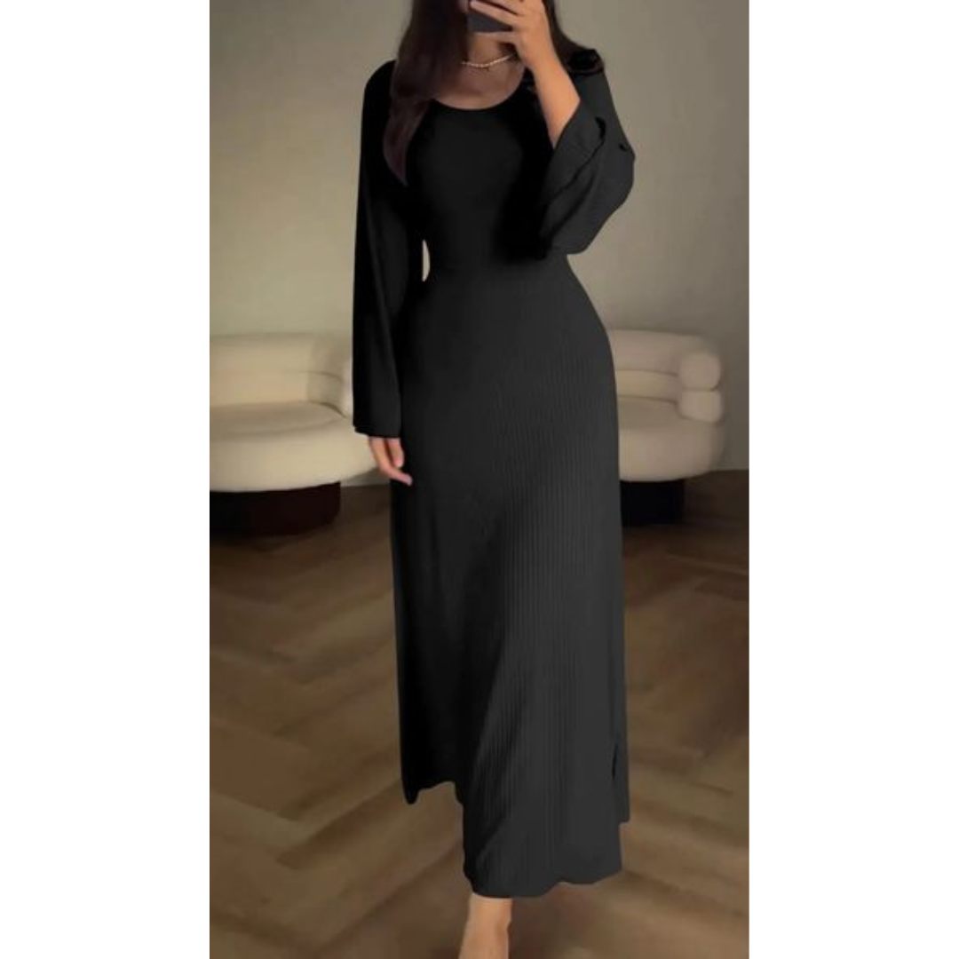 CD | Rochie maxi tricotată pentru femei - textură nervurată - mâneci lungi - decolteu rotund - tiv evazat