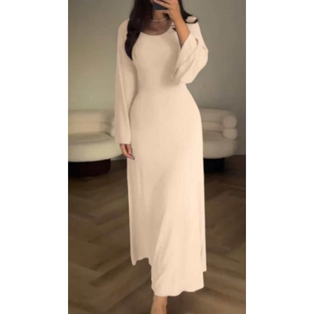 CD | Rochie maxi tricotată pentru femei - textură nervurată - mâneci lungi - decolteu rotund - tiv evazat