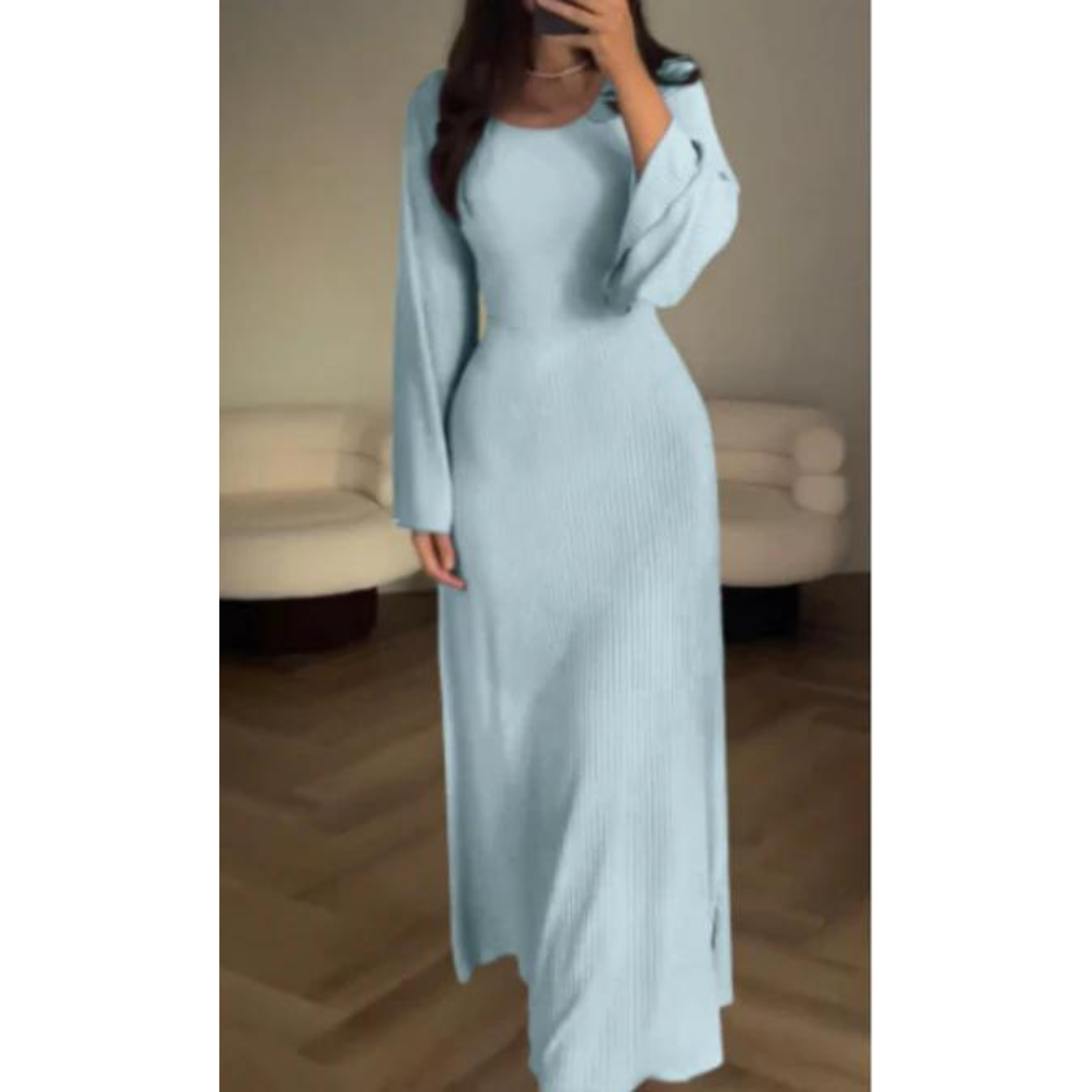CD | Rochie maxi tricotată pentru femei - textură nervurată - mâneci lungi - decolteu rotund - tiv evazat