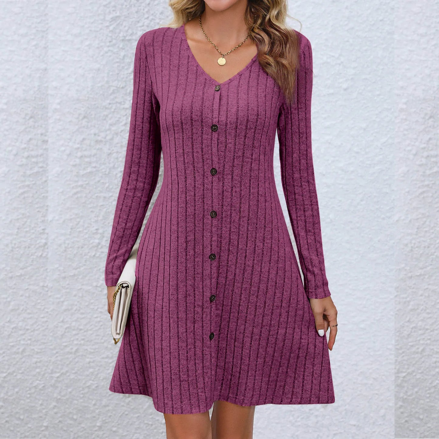 CD | Rochie midi chic cu decolteu în V și talie cu nasturi, mâneci lungi, monocolor